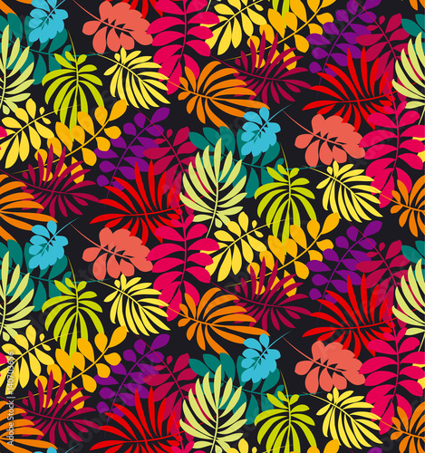 Concept tropical leaves vector illustration in bright vivid colors. Exotic simple fun surface design. Floral seamless pattern vector illustration. Rainbow color plant repeatable motif.