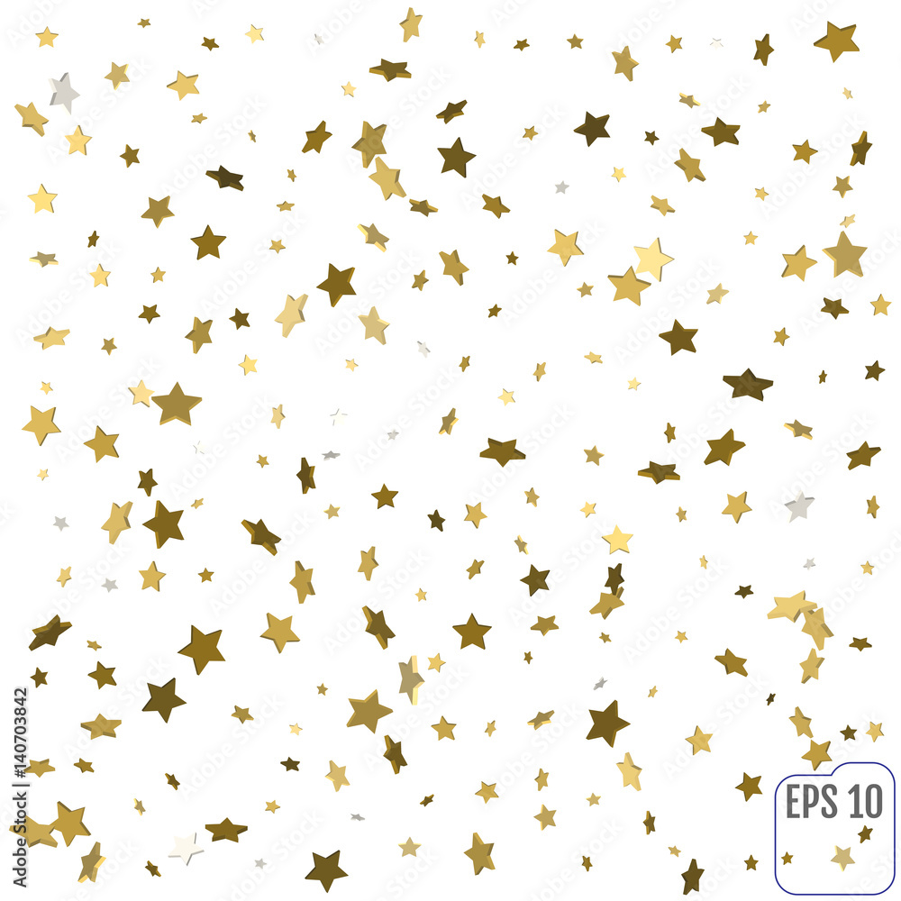 3d Gold stars. Confetti celebration, Falling golden abstract decoration for party, birthday celebrate, anniversary or event, festive. Festival decor. Vector illustration