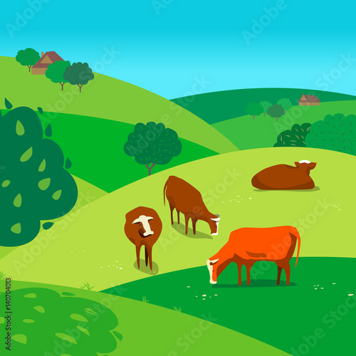 Green landscape. Freehand drawn cartoon outdoors style. Farming herd of brown cows on spring blooming meadow. Rural scene view with green grass on hills  fields  trees. Vector countryside background