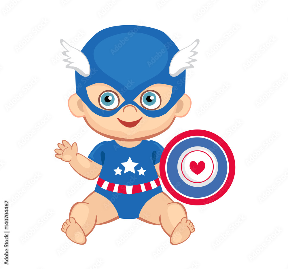 Illustration cute baby boy in the costume of a superhero. Vector illustration isolated on white background.