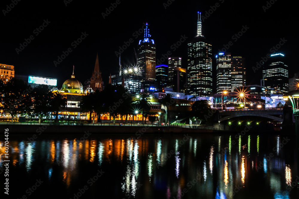 Melbourne Central Business district skyscrapers and central train station night panorama