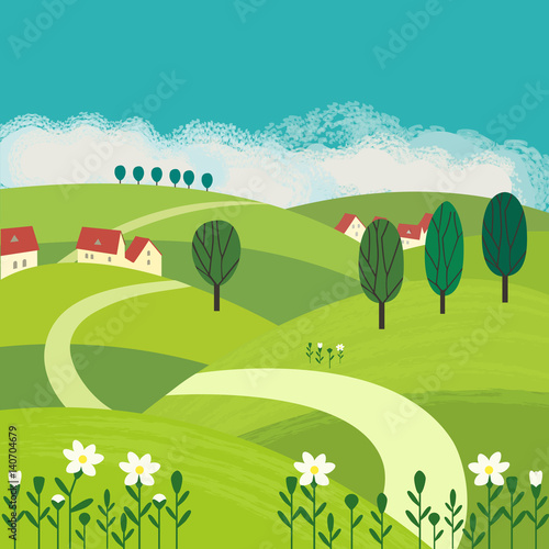 Green landscape. Freehand drawn cartoon outdoors style. Farm houses, country winding road on meadows, fields. Rural community. Sunny day, blue sky, hills. Vector village countryside scene background