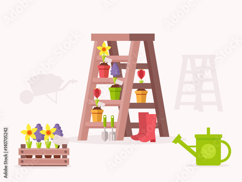 Gardening Equipment, Ladder with Flowerpots, Rubber Boots, Watering Can. Flat Design Style.