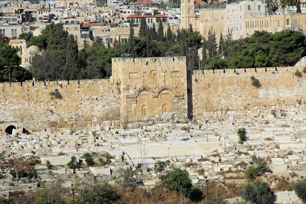 The Eastern or Golden Gate and cemetery as seen from the Mount of