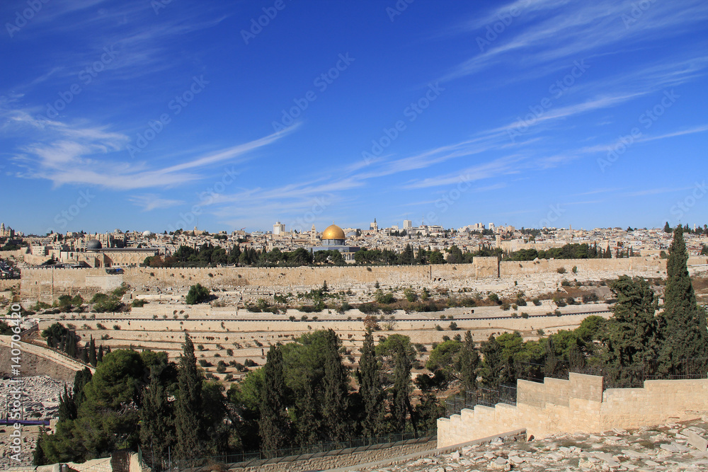 Temple Mount, Dome of the Rock, Al-Aqsa Mosque and Golden Gate as seen from the Mount of Olives.