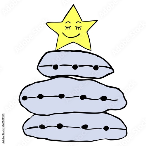 Pile of pillows with buttons drawn in line art and coloured with blue with sitting and laughing star. Symbol for bedtime and sleep. Boys and girls bed
