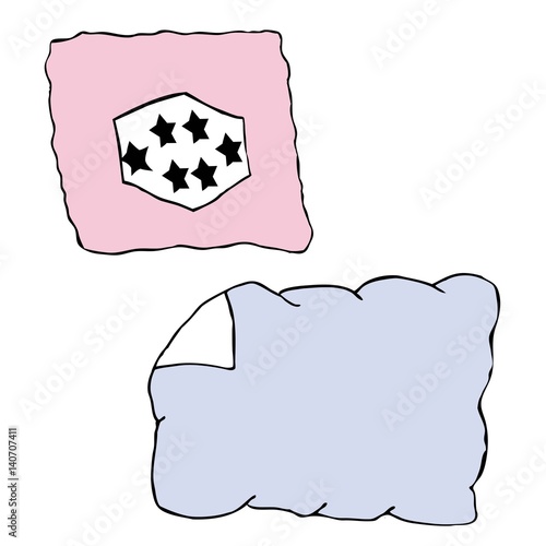 Blankets drawn in line art and coloured with blue and pink. Symbol for bedtime and sleep, boys and girls bed