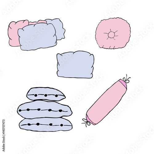 Pillows of different forms drawn in line art and coloured with blue and pink. Symbol for bedtime and sleep, boys and girls bed