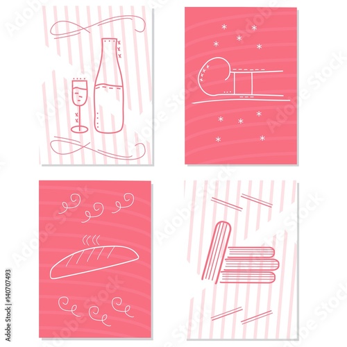 Vector illustration Danish hygge concept of belonging to moment and enjoying simple things: wine bottle and glass, fresh bread, some books, sled. Unique collection of card templates.