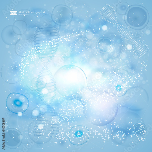 Science background with cells HUD. Blue cell background. Life and biology, medicine scientific, bacteria, molecular research DNA. Vector illustration 10eps.