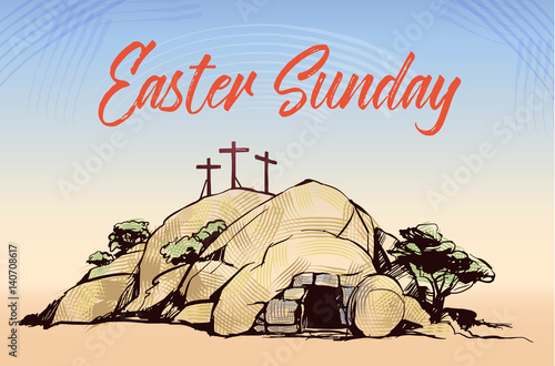 Drawing vector Calvary, Cross, cave resurrection
