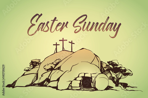 Drawing vector Calvary, Cross, cave resurrection