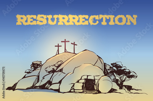 Drawing vector Calvary, Cross, cave resurrection three crosses on the mountain easter image