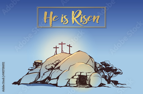 Drawing vector Calvary, Cross, cave resurrection