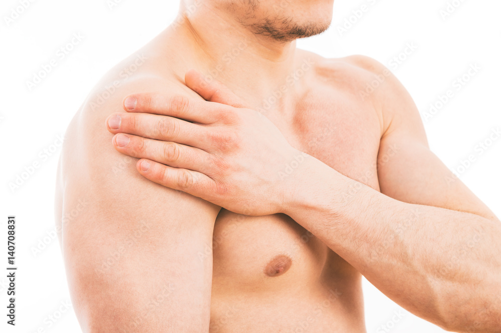 Man with shoulder pain over white background Man with shoulder pain over white background