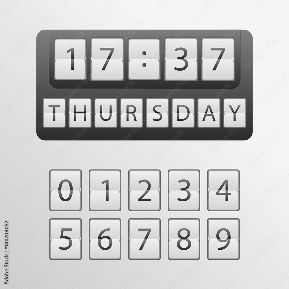 countdown timer, a mechanical scoreboard blank and various numerals. mechanical clock on digits board panel. Vector illustration countdown timer, a mechanical scoreboard blank and various numerals. mechanical clock on digits board panel. Vector illustration