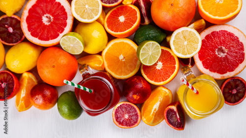 Juices Fresh Orange and Citrus on a White Background.Healthy Beverage.Food or Healthy diet concept.Mixed Colorful Tropical Background.Copy space for Text. selective focus