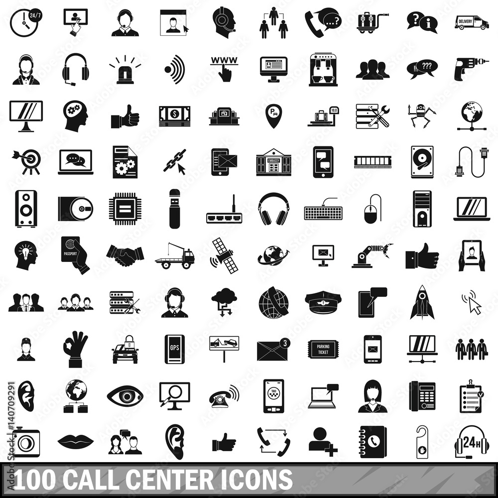 100 call center icons set, simple style 100 call center icons set, simple style