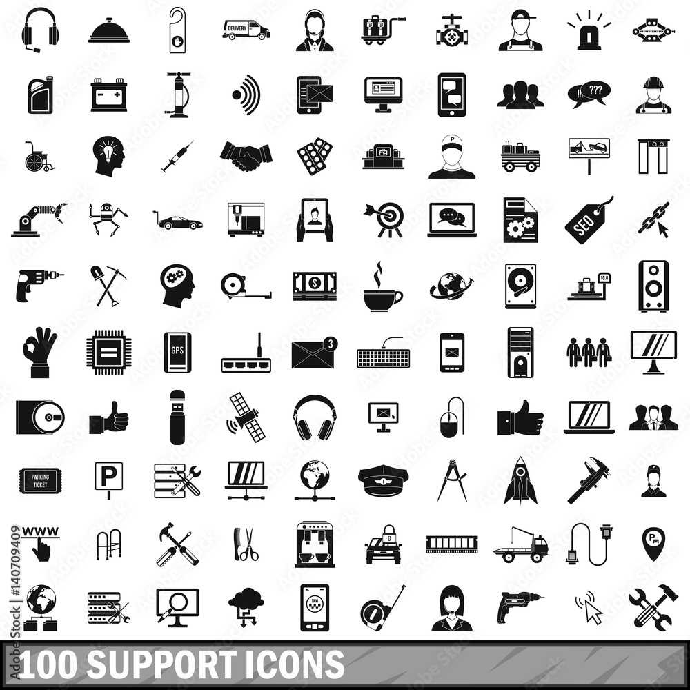100 support icons set, simple style 