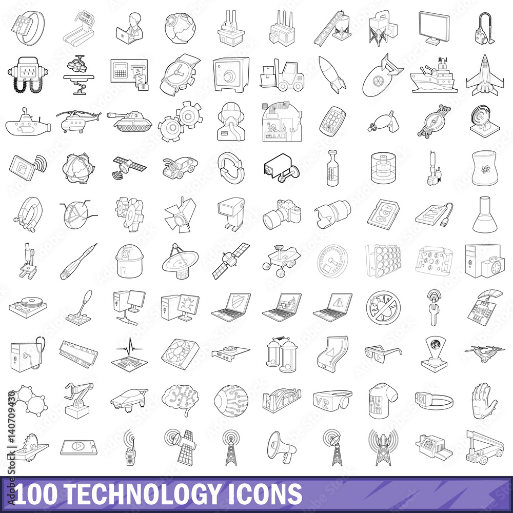 100 technology icons set, outline style