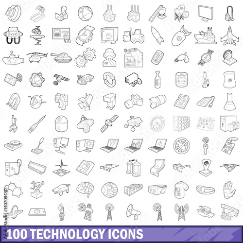 100 technology icons set  outline style