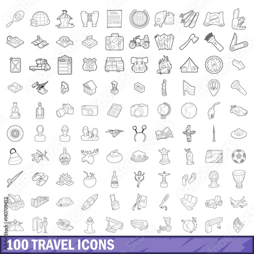 100 travel icons set, outline style