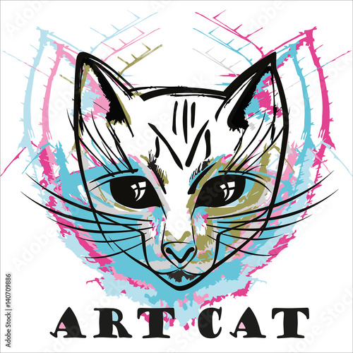 Abstract ink cat portrait isolated on white background