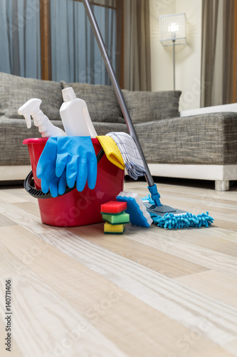Cleaning service. Bucket with sponges, chemicals bottles and mopping stick. Rubber gloves and towel. Household equipment.