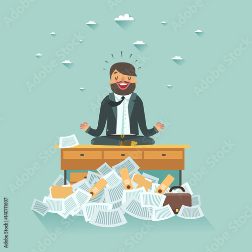 Slika na platnu Overworked businessman meditating on office table under lots of documents