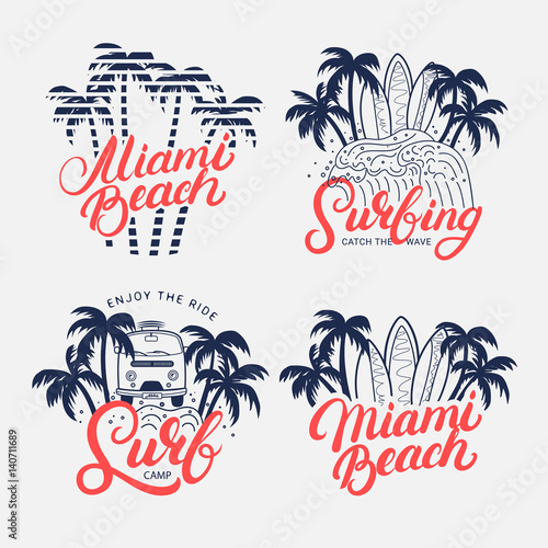 Set of Miami Beach and Surfing hand written lettering.