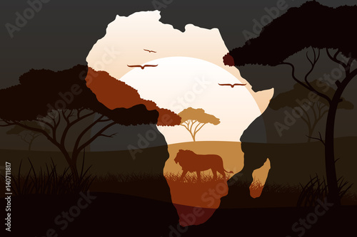 Africa continent border. Safari landscape illustration.