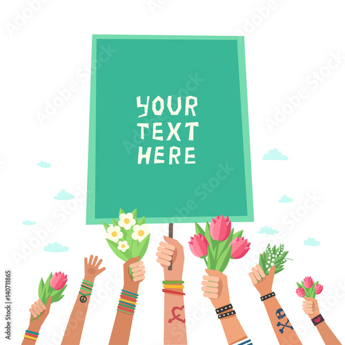 Youth crowd hands holding flowers bouquets and poster for text