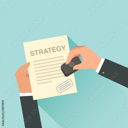 Konstfotografi Businessman approving a paper with Strategy headline