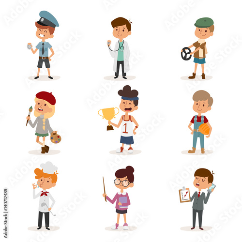 cartoon profession kids children vector set illustration person childhood painter sportsman chef builder policeman doctor artist driver businessman