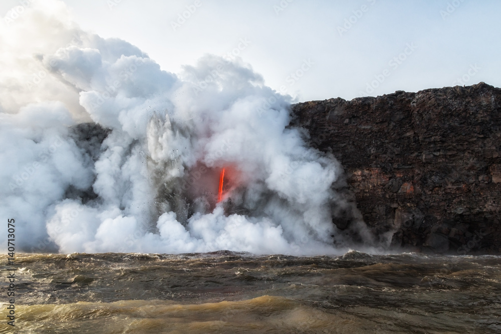 Violent explosions from hot lava entering cold water at Kamokuna Entry, Hawaii