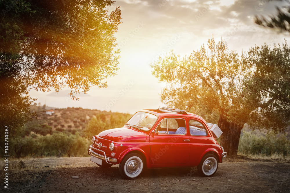 Beautiful vintage car parked in mediterranean hills