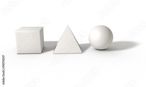 Cube, sphere and pyramid on lasting white, 3d render
