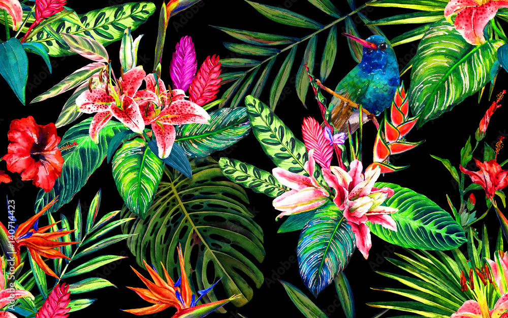 Plakat Seamless tropical floral pattern. Hand painted watercolor exotic leaves, flowers and a hummingbird, on black background. Textile design.