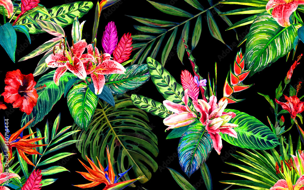 Plakat Seamless tropical floral pattern. Hand painted watercolor exotic leaves and flowers, on black background. Textile design.