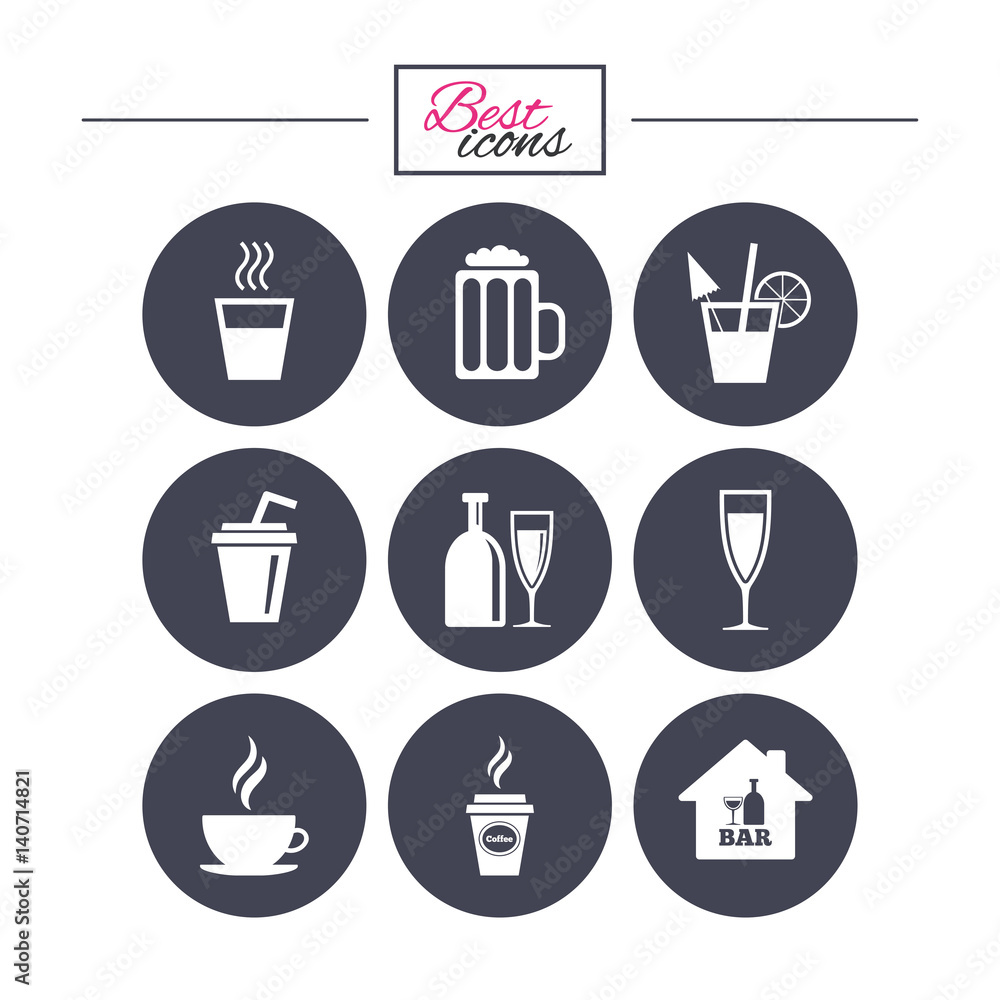 Cocktail, beer icons. Coffee and tea drinks. Cocktail, beer icons. Coffee and tea drinks.