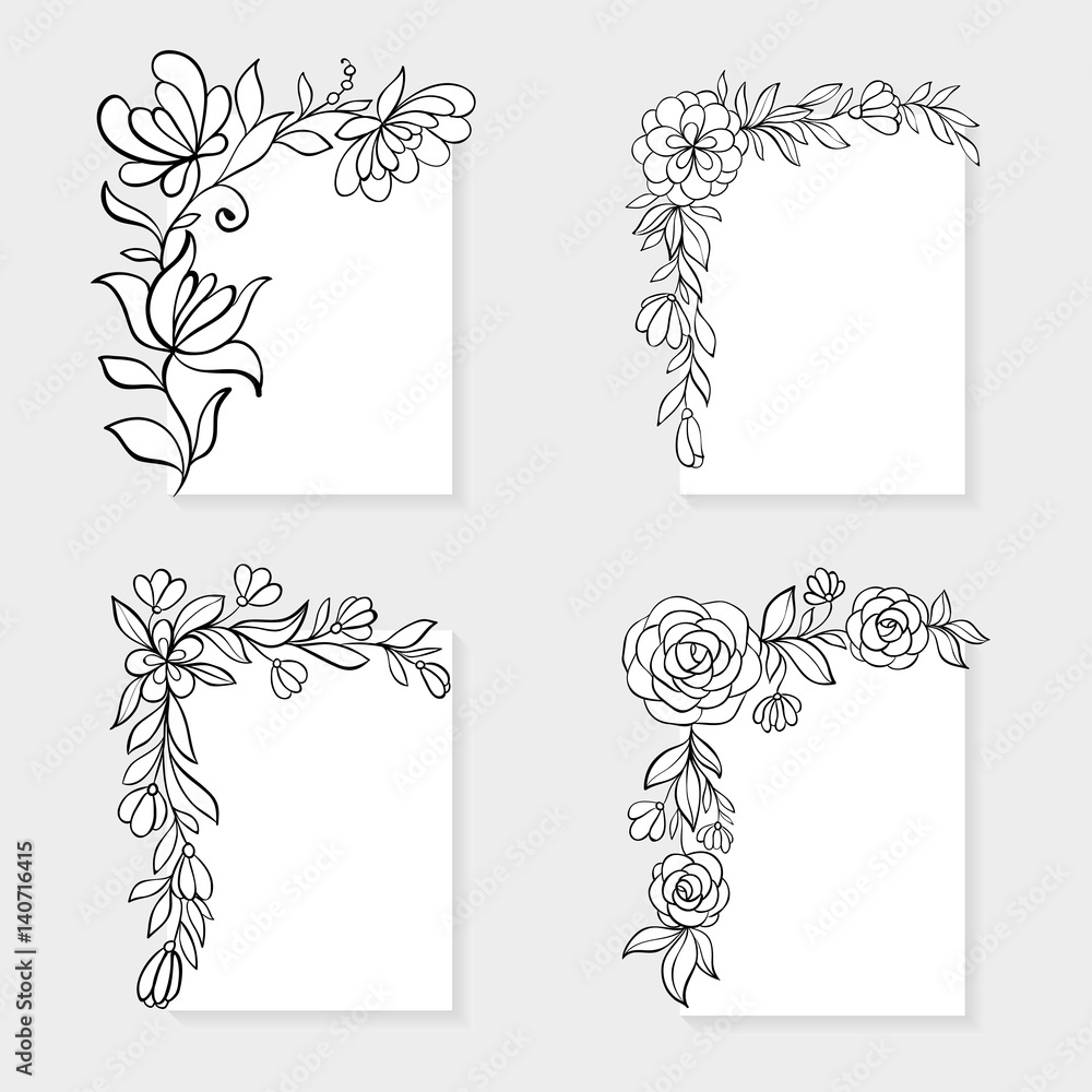 Set of black and white hand drawn corner floral borders. Stock Vector