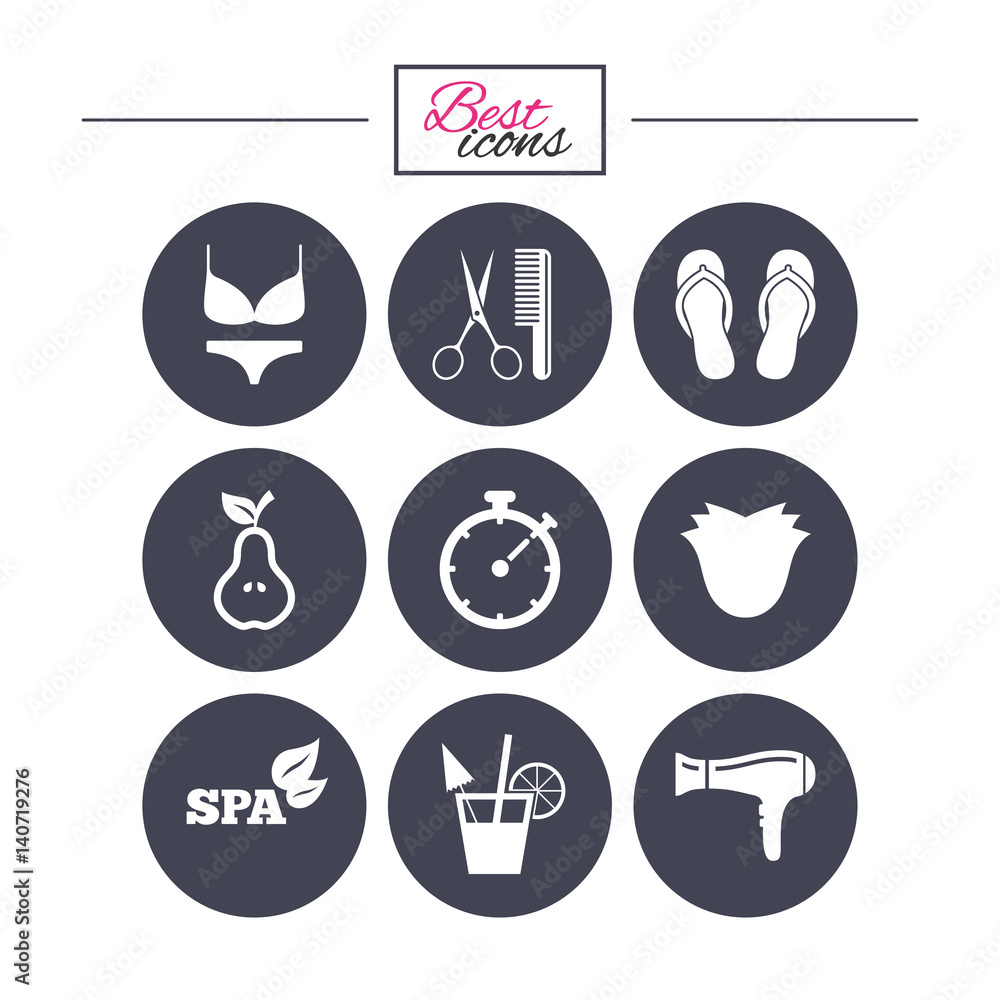 Hairdresser, spa icons. Diet cocktail sign. Hairdresser, spa icons. Diet cocktail sign.