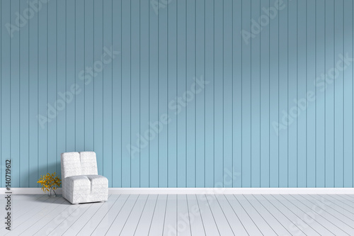 3d rendering : room Minimalist interior light and shadow with white fabric sofa at front of wooden blue pastel wall and white floor. minimalism style wall background © ittoilmatar