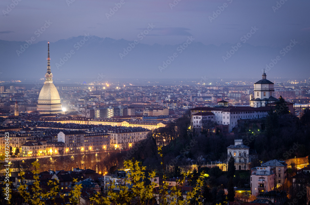 Turin scenic view with Mole Antonelliana and Monte dei Cappuccini