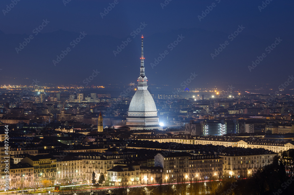 Turin scenic view with Mole Antonelliana at night