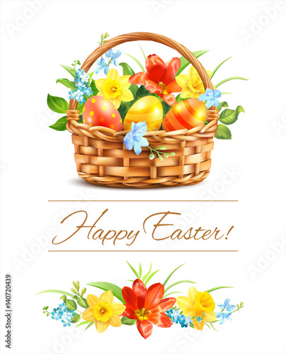 Easter greeting card with Easter basket and floral garland. Vector illustration.