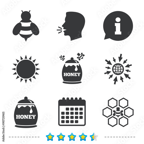 Honey icon. Honeycomb cells with bees symbol.