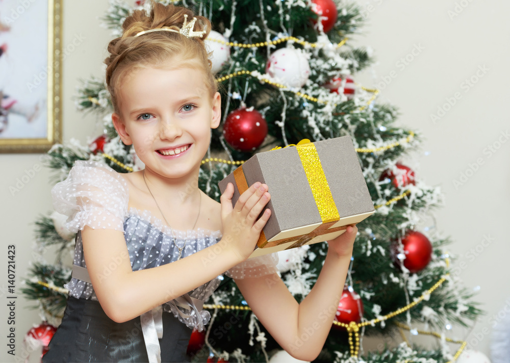 The little girl at the Christmas tree enjoys the gifts.