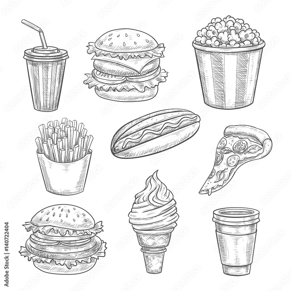 Fast food vector sketch isolated icons set Stock Vector | Adobe Stock