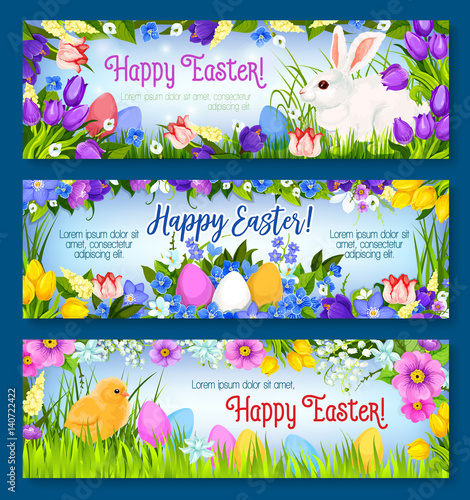 Happy Easter vector paschal eggs bunny banners set